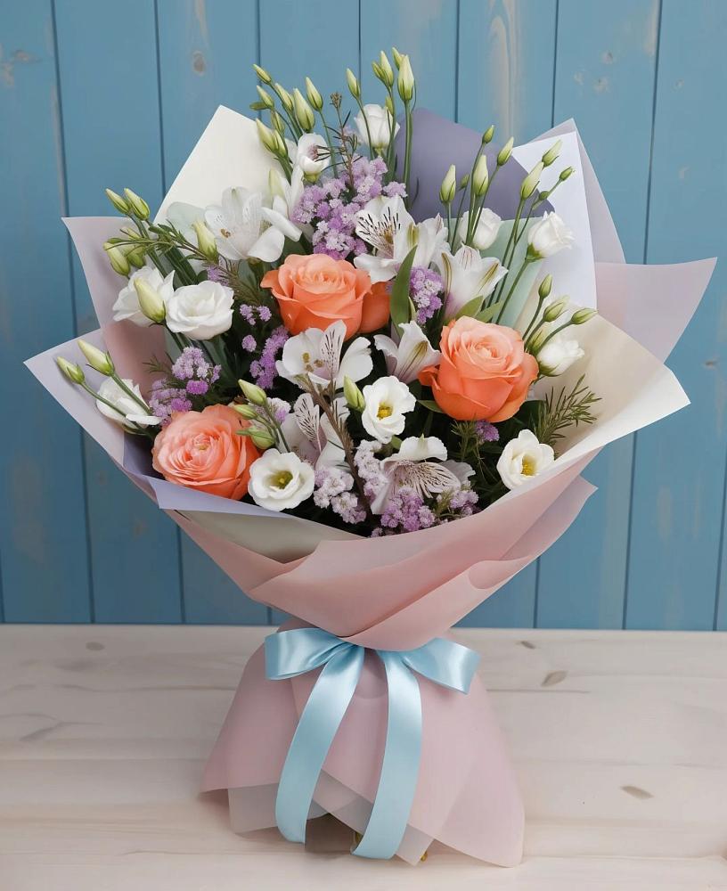 Букет цветов из: Лизиантусы, Розы, Альстромерии и Гипсофила в Становом