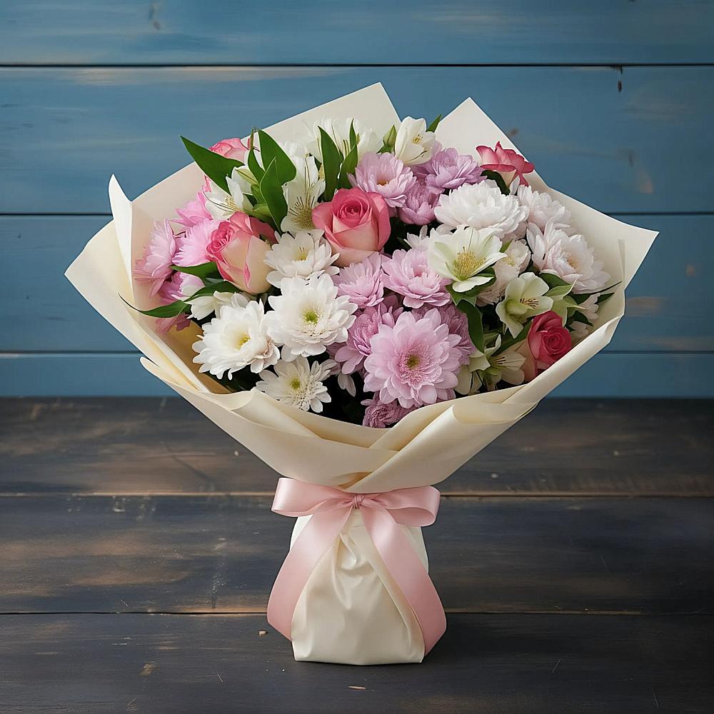 Букет цветов из: Хризантемы, Альстромерии и Розы в Становом